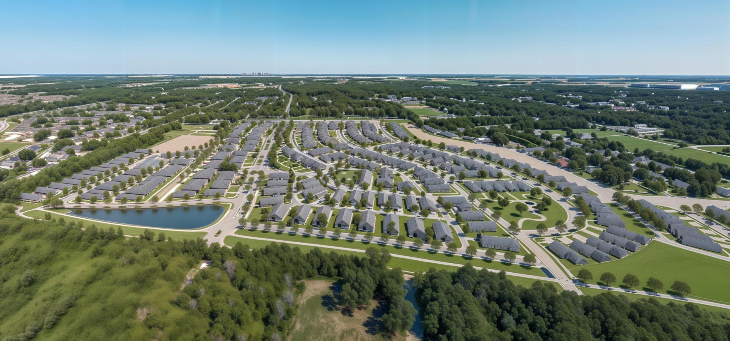 Legacy Estates at Lancaster aerial masterplan render showing 305 homes, lake, and green spaces